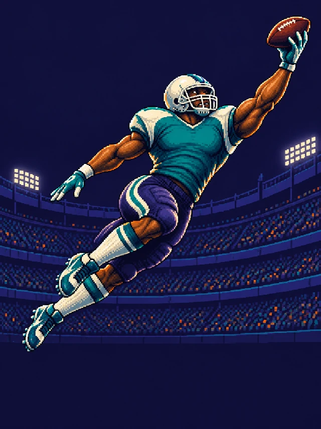 Original pixel illustration of an unbranded football player reaching for a catch