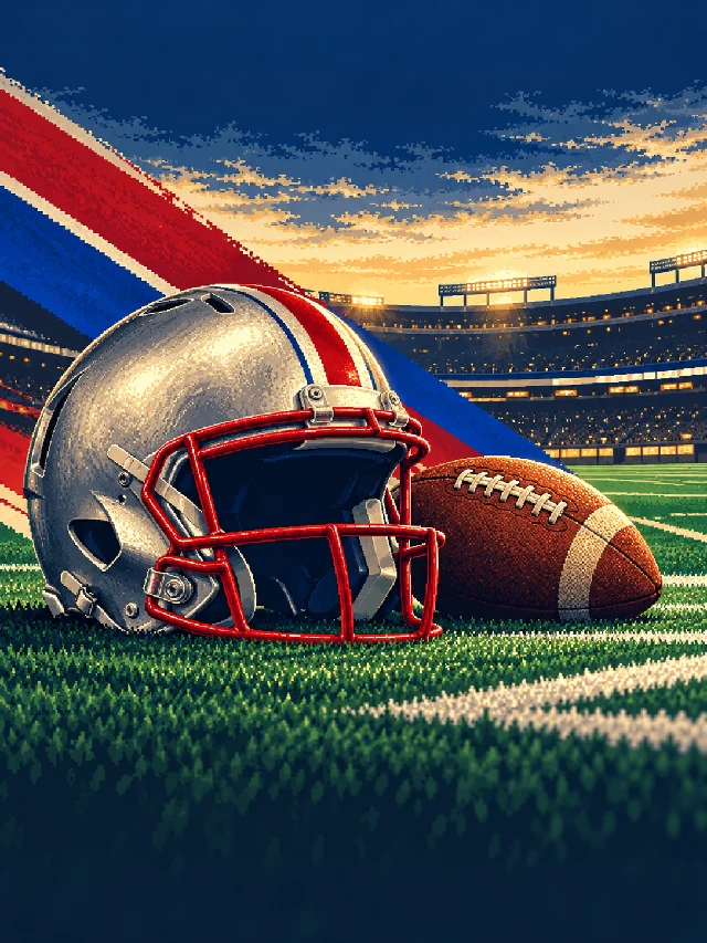 Original pixel illustration of a football helmet and ball in a stadium